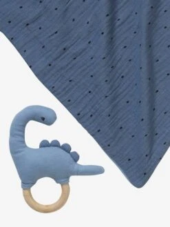 Doudou En Gaze De Coton + Hochet En Bois PETIT DINO Multicolore - Vertbaudet -Périphériques Pour Enfants doudou en gaze de coton hochet en bois petit dino 5